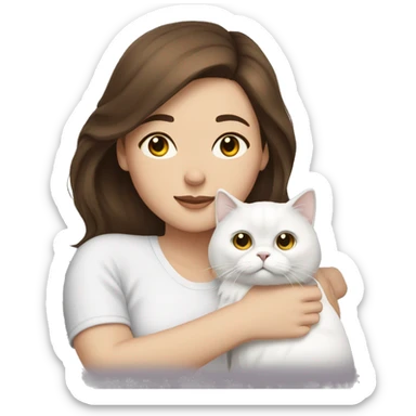 Brunette woman snuggling white Persian cat sticker