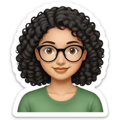 Hispanic woman in her 20s with caramel skin tone. Round face with prominent cheeks and dimples. Dark eyes with black thick-framed glasses. Shoulder-length curly black hair with defined curls. Wide sincere smile. Wearing a green casual top. sticker