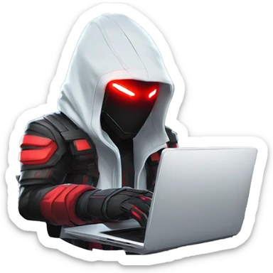 developer behind his laptop with this style : crysis Cyberpunk Riot Games Valorant neon glowing bright red character red dark black hooded assassin themed character sticker