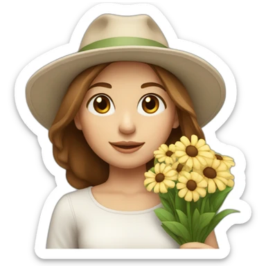 white skin, Girl with a hat, brown hair straight to the shoulders, holding a bouquet of flowers sticker