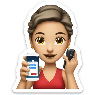 a white girl in a red dress holding a cell phone showing it sticker