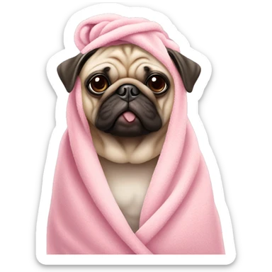 beige pug dog with a pink towel on its head and boba sticker