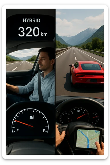 "Split screen highway scene: left side fuel-efficient hybrid car smoothly cruising at optimal speed with digital display showing remaining range 320km, serene driver with relaxed expression; right side gas-guzzling sports car speeding aggressively with fuel gauge rapidly dropping toward empty, stressed driver checking gas stations on GPS, Italian autostrada stretching endlessly ahead, mountain landscape backdrop" sticker