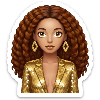 Solange with long dark auburn hair, gold sequin outfit sticker