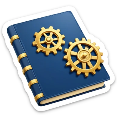 Un libro azul navy con detalles dorados, bordes metálicos y un gear dorado con una flecha ascendente como productividad en la portada, irradiando productividad, estrategia y éxito en movimiento sticker