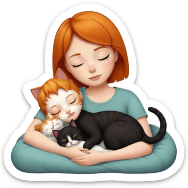 Ginger Girl short hair sleeping with two cats a black and a white bigger cat  sticker