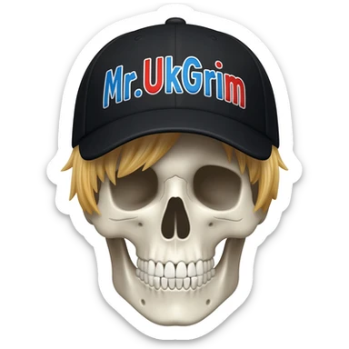 Create a skeleton head wearing a black baseball cap that says "Mr.UkGrim" in blue, red, and white lettering, with short blonde hair sticker