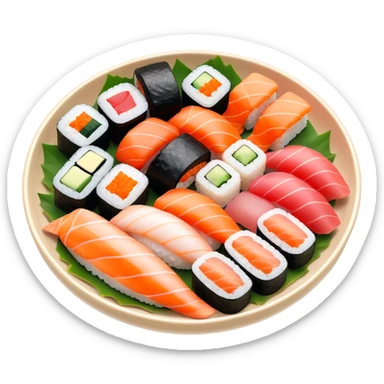 Cinematic Realistic Sushi Dish Emoji, depicted as an artful arrangement of fresh sushi with vibrant colors rendered with lifelike textures and delicate, natural lighting. sticker