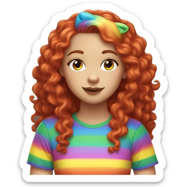 white girl with long red curly hair, wearing a rainbow cat shirt doing a pose sticker