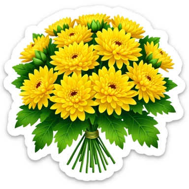 big bouquet Bright Yellow Chrysanthemum, luxuriant, leaf, bud sticker