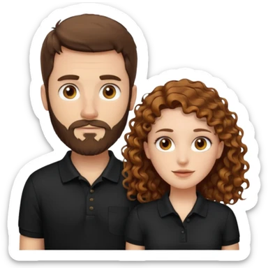 Criar Casal - Homem branco de cabelo liso e olhos marrom, com barba, camiseta polo preta e mulher de pele branca cabelo cacheado marrom longo e olhos mel sticker