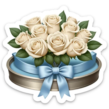 Set against a warm beige and pearl-colored lace backdrop, a bouquet of creamy white roses intertwined with pale blue blooms is wrapped in a soft champagne-colored velvet ribbon, forming a perfect bow. The bouquet rests on an antique silver tray, its delicate engravings catching the soft glow of candlelight. Hovering above, a trio of metallic pearl balloons in soft ivory and rose gold tones sway gently, their surfaces gleaming with a muted, vintage-inspired sheen. sticker