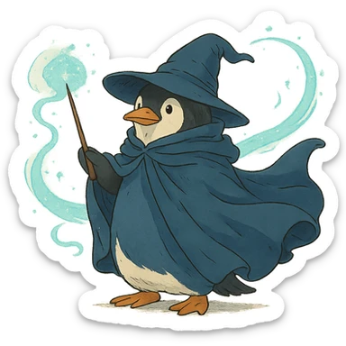 ghibli style penguin wizard with a flowing cloak and magical aura sticker