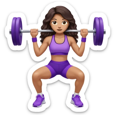 mujer de tez trigueña, con cabello castaño oscuro ondulado no muy marcado, con el cabello hasta las nalgas super largo estilizado, con ropa deportiva morada/lila, tenis blancos deportivos y levantando una pesa sticker