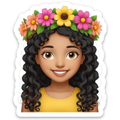Latina girl with long curly black hair, smiling sticker