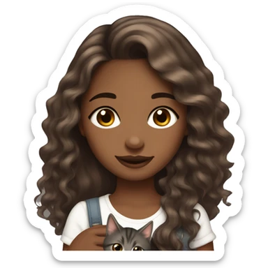 pretty brown skinned girl with long brown wavy hair long eyelashes and a chin dimple holding a dark gray kitten  sticker
