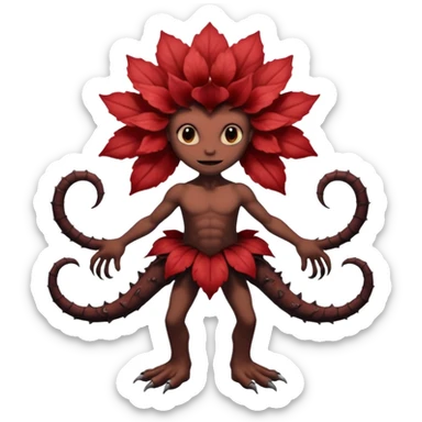 A flower like a monster with arms and legs, the body is a little bit black and the another bit brown like a demogorgon the head part red sticker