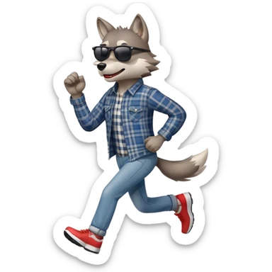 friendly anthropomorphised wolf in jeans and plaid shirt, wearing dark sunglasses, jogging upright in standard pose sticker