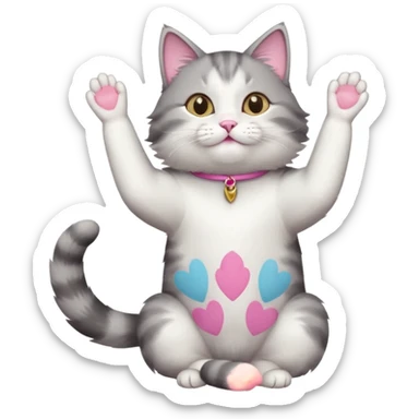 grey and white cat doing a big long stretch reaching up into the air sticker