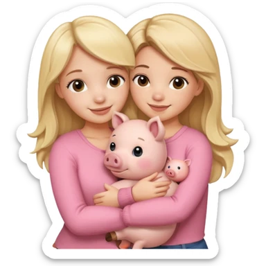 Girlfriends, blonde and brunette, hugging each other with a teddy bear and a little pig. Teddy sticker