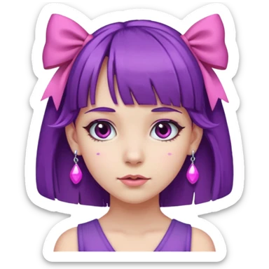 girl with bangs and purple hair and pink hairbow on the side of head and earrings sticker