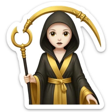 feminine grim reaper in a gold with scythe sticker