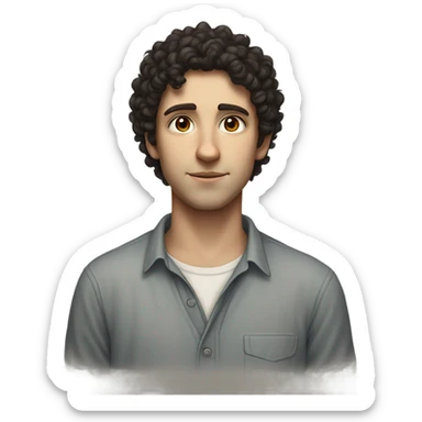 "A young man with dark curly hair, pale skin, and a thin build. He has a humble, thoughtful expression and wears simple, slightly worn clothing. A subtle Star of David appears nearby." sticker