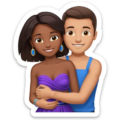 Tan brunette European male in blue shirt smiling and hugging a jet black African girl in purple strapless dress and blue jewelry sticker