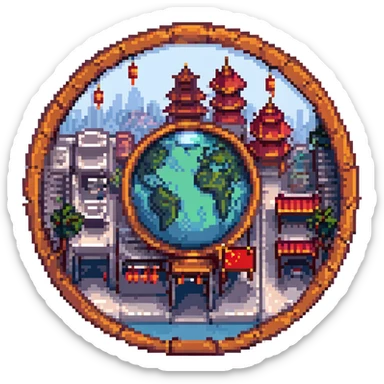 China Town cityscape on a small planet, pixel art, circular frame, vibrant colors sticker