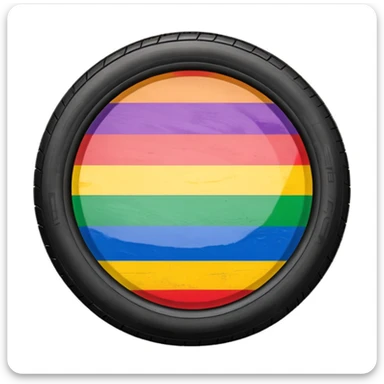 LGBT pride flag background with vibrant colors, bold black tire skid marks across the flag, realistic but artistically blended, compact high contrast emoji style sticker