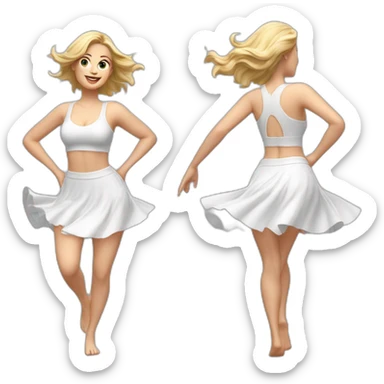 Hyperrealistic Full body Caucasian curvy beauty jumping short white skirt back and front views strong wind sticker