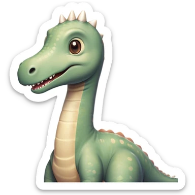 Cinematic Cute Brachiosaurus Portrait Emoji, Head tilted playfully with a warm, endearing smile, featuring a diminutive, almost whimsical head atop an impressively long neck and a sturdy, gentle body, adorned in soft, pastel earthy hues, Simplified yet irresistibly adorable features, highly detailed, glowing with a tender, inviting glow, high shine, affectionate and lively, stylized with a touch of prehistoric whimsy, soft glowing outline, capturing the essence of a playful Brachiosaurus that seems as if it could amble out of the screen into your arms! sticker