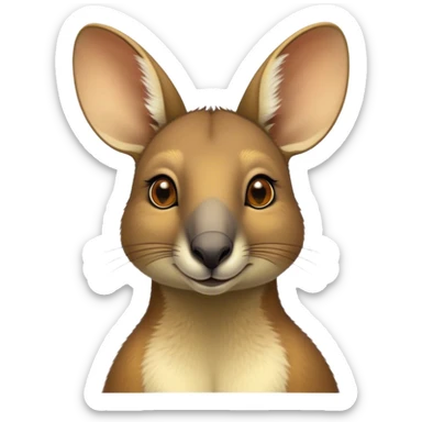 Cinematic Noble Wallaby Portrait Emoji, Poised and regal, with a compact, agile build and a soft, well-groomed fur of warm tan and light brown hues, deep-set soulful amber eyes and perky ears, Simplified yet sharp and sophisticated features, highly detailed, glowing with a soft, dignified glow, high shine, intelligent and spry, stylized with an air of bushland elegance, focused and attentive, soft glowing outline, capturing the essence of a watchful and confident marsupial, so majestic it feels as though it could hop out of the screen with effortless authority! sticker