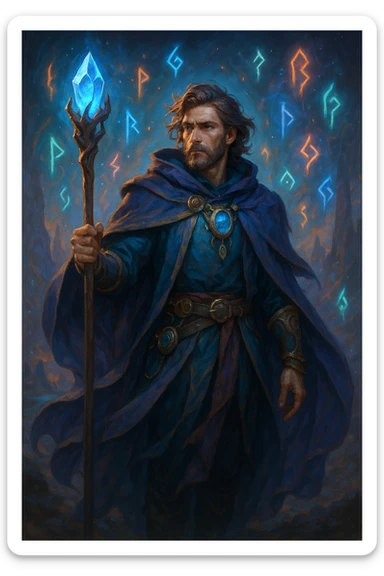 A fantasy hero with a staff, wearing a cloak and mystical accessories, glowing runes in the background, in a fantasy world sticker