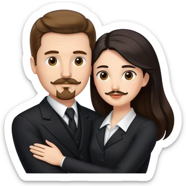 wedding portrait, tall white man with brown hair goatee mustache embracing a pale woman with long black hair, wearing formal clothing sticker