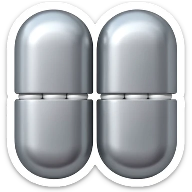 capsule pill emoji, metallic silver halves, smooth glossy finish, futuristic pharmaceutical 3D icon, isolated on white sticker