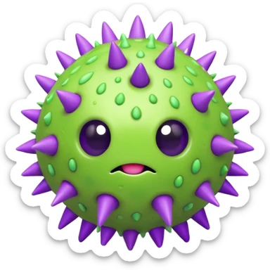 A cute but grumpy 3D render icon of a virus. A spherical shape covered in rounded mushroom-like spikes. Glossy plastic material, cartoonish style. Color palette: bright slime green and purple spikes. Soft studio lighting. Isolated on a solid light background. Minimalist design. sticker