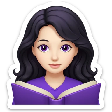 Long Hair Women with purple Book, Black wavy hair sticker