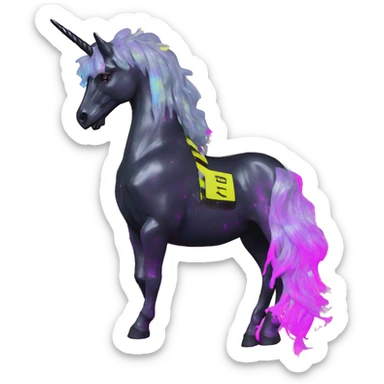 .Zombie_ Vaporwave black holographic oilslick zombie unicorn Pegasus yellow caution tape sticker