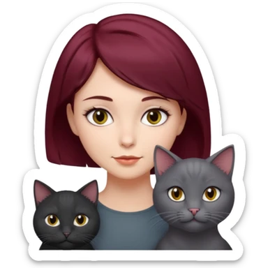 femme au cheveux court bordeau, yeux gris,  avec chat poils longs gris et chat poils ras noirs sticker