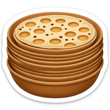 A flat, emoji-style illustration of a warm brown bowl filled with stacked round rotis (Indian flatbreads), slightly toasted with light brown spots. Soft rounded shapes, minimal details, subtle highlights, no outlines, centered composition, transparent background, modern app emoji style. sticker