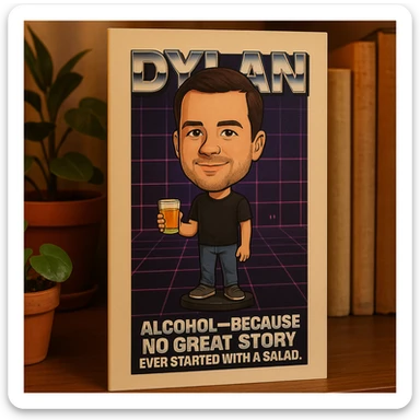 birthday card featuring Dylan as a bobblehead character, minimal neon grid background, one drink icon, bold chrome text with the quote 'Alcohol—because no great story ever started with a salad.', clean limited color palette sticker