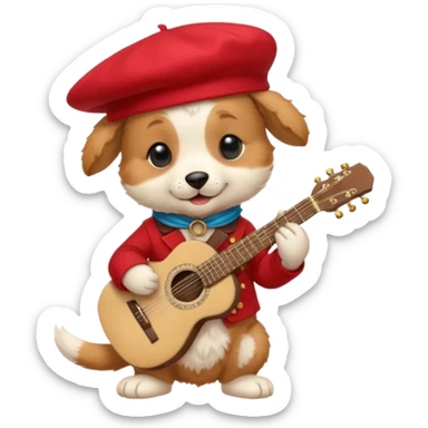 Steampunk:a very cute and adorable anthropomorphic puppy with a red beret is playing an acoustic guitar sticker