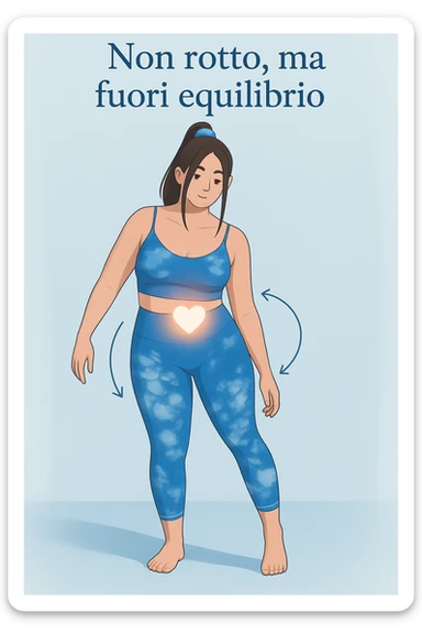 a woman stands in a relaxed pose, with a gentle, confident expression. Her body is shown with subtle, curved lines or arrows indicating areas of imbalance (such as a slight tilt in the shoulders or hips), but no signs of injury or damage. A soft glow or heart symbol at her core emphasizes resilience and the message “Non rotto, ma fuori equilibrio” The background is clean and clinical, with light blue tones. sticker