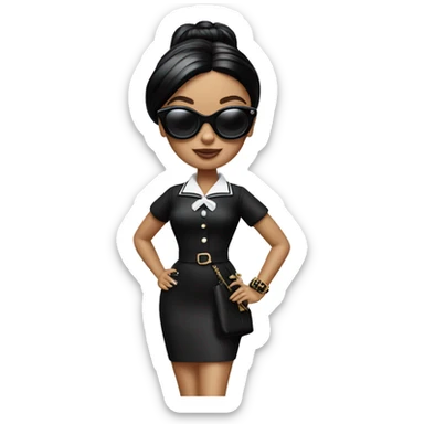 Palm beach Honey Barbie Wednesday Addams ,white face, full body visible, hair done,handbag, small 2 piece, sunglasses,heels,holding yorkie dog  sticker