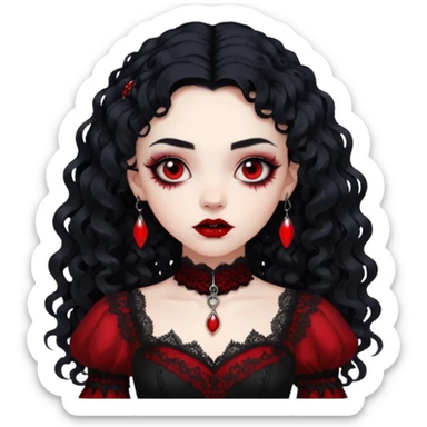 A girl with a red goth vampire look in a blck and red goth lace dress long black curly hair  sticker