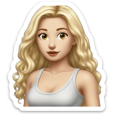 hyperrealist caucasian girl, long straight blonde hair, white v-neck laced crop tanktop, grey tight micro skirt sticker