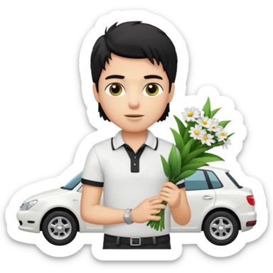 generate a pretty fair bratz boy with a messy mullet (black hair), wearing a white polo.  carrying a bouquet made of money. expensive car behind him sticker