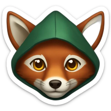 small dark brown fox with orange eyes and a dark green hood that smile sticker