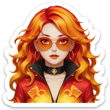 Beautiful gorgeous anime lady with beautiful fiery long warm-red-orange-yellow-gradient-wavy-special-hair, fashion aesthetic, slim red-tinted-sunglasses, accessories, gold jewelries, red-and-yellow sunny-pattern-eyes, black latex-suit, biker-woman, cool, badass, gold-sun-shaped-earrings, ahoge sticker